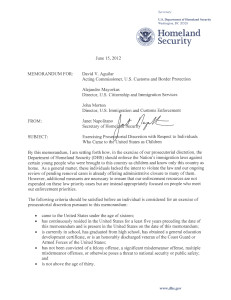 Memo de DHS en el que la Secretaria Janet Napolitano autoriza diferir la deportación de algunos menores indocumentados.