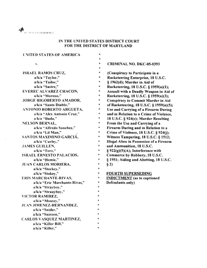 Copia de acusación contra pancilleros de la MS en Maryland, entre ellos "El Trece"