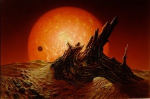 Imagen artística del Sol transformado en gigante roja, visto desde la tierra. Ilustración creada por: Don Dixon, Cosmographia
